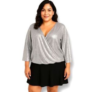 Boohoo Plus 18 Silver Sequin Wrap Blouse NWT Glam 3/4 Sleeve NYE Party Top